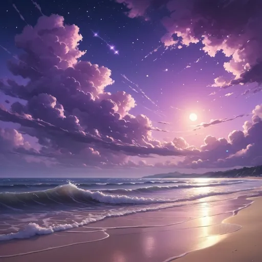 Prompt: Purplish sky with beautiful clouds across the see. Color of the see should be soothing and beautiful... the environment should be beautiful enough to spend with someone special. shimmering sands in front of the beach... waves should be light and calming. Glowing stars in the sky. Extremely Realistic, Art Style: Genshin Impact, Extremely Detailed, DSLR