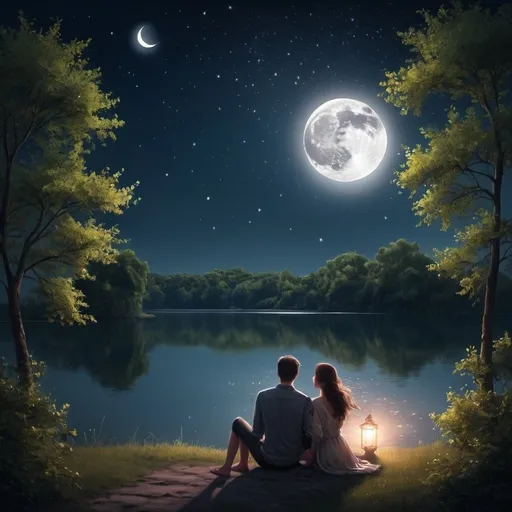 Prompt: The night sky is sparkling and magical, the moon is full and bright, two lovers sit and watch the moon by the lake, the bushes along the lake create a mysterious and romantic feeling.