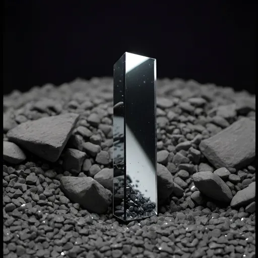 Prompt: Mirror glass object standing in 1 foot Pile of tiny dark grey gravel. Black background. Side view size in 1920x1080 pixels
