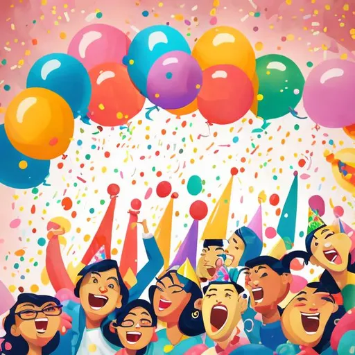 Prompt: Cartoon-style illustration of a joyful birthday celebration, vibrant and colorful, group of diverse cartoon characters holding balloons, confetti in the air, cheerful and bright atmosphere, best quality, highres, vibrant colors, cartoon, birthday celebration, diverse characters, joyful atmosphere, balloons, confetti, team celebration, happy birthday message