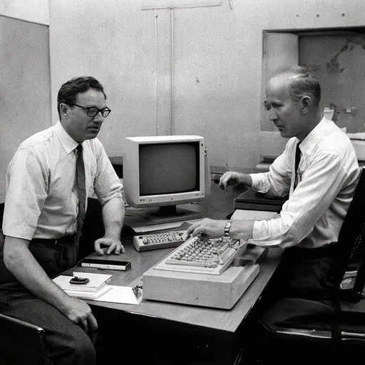 Prompt: Vintage computer and early Al researchers.
