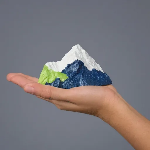 Prompt: Have mount everest resting on the palm of one hand. Highlight mount everest with dark blues, white, orange and lime green. Have anprofile view of the hand. The thumb of the hand  facing inward. The fingers facing towards the right.