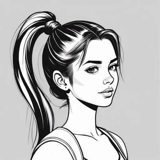 Prompt: Black and white line art headshot portrait of a girl with a ponytail in the style of a comic.