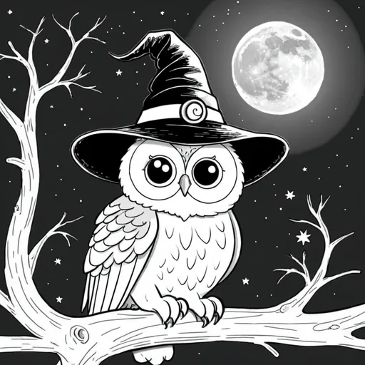 Prompt: an black and white illustration of a owl sitting on a tree branch wearing a witch hat and a moon in the background