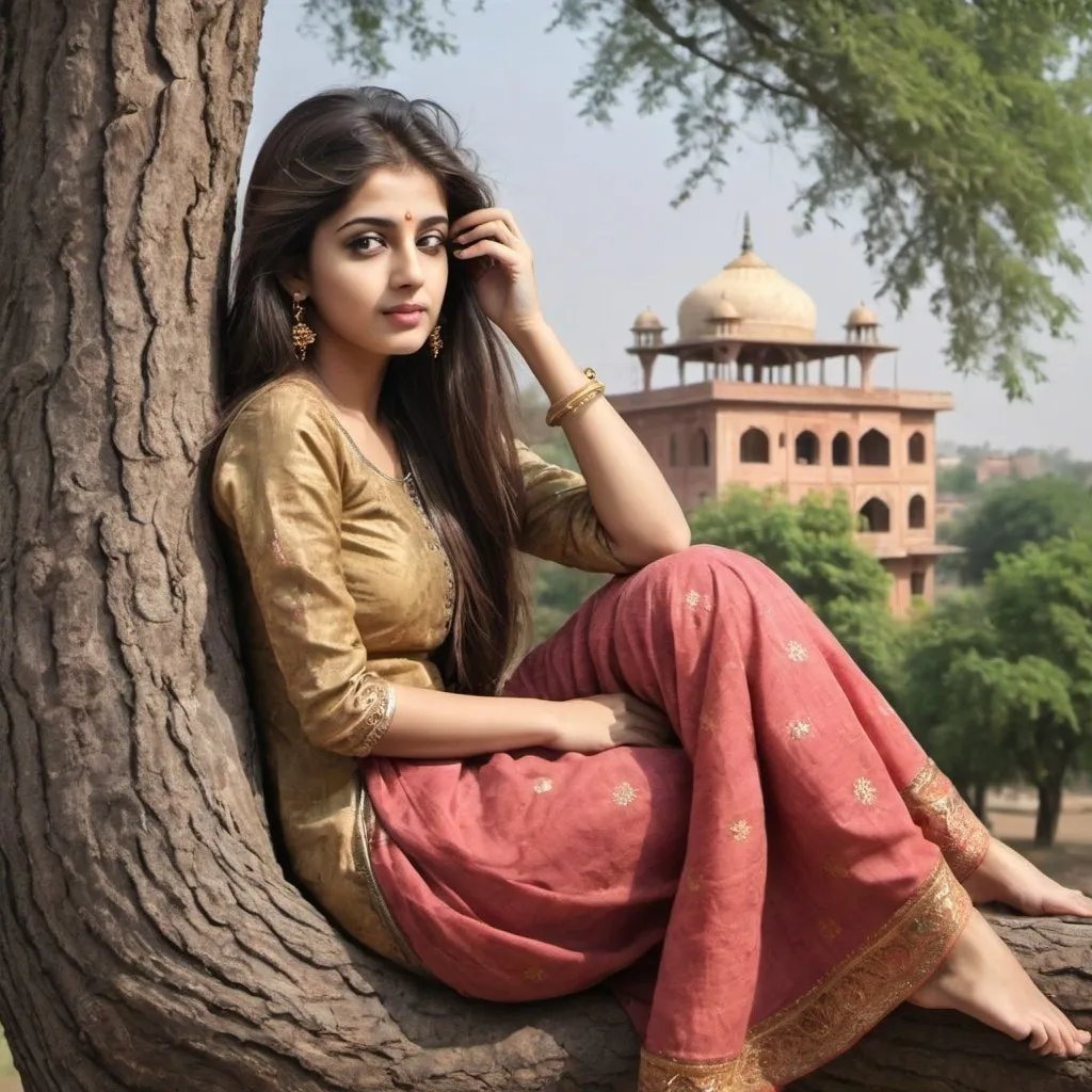 Prompt: Create an image a girl sit on a tree and watching her emprore house Make mughals times picture with buaitiful long hairs Eyes mistakes.
