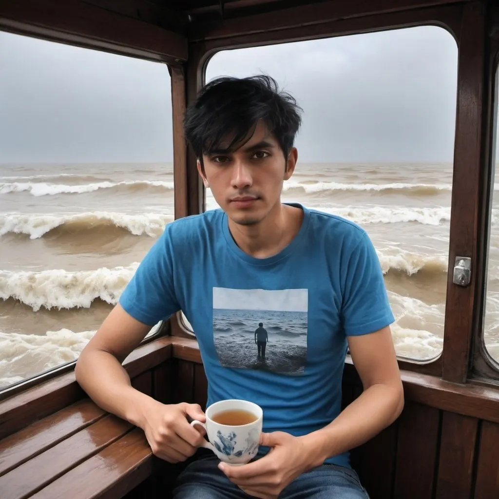 Prompt: Make a picture of myself the sea is flooding and i am watching flood wearing a cotton pent and a blue tea shirts with having a cup and enjoying the shelting of waters
