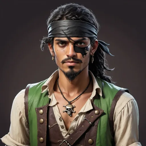 Prompt: A thin and relatively tall young pirate, with brown skin and full, wavy black hair. One of the eyes is green, the other is covered by an eye patch. He has a scruffy beard and scars down his arms. Wear an old beige shirt and a durty leather vest.

