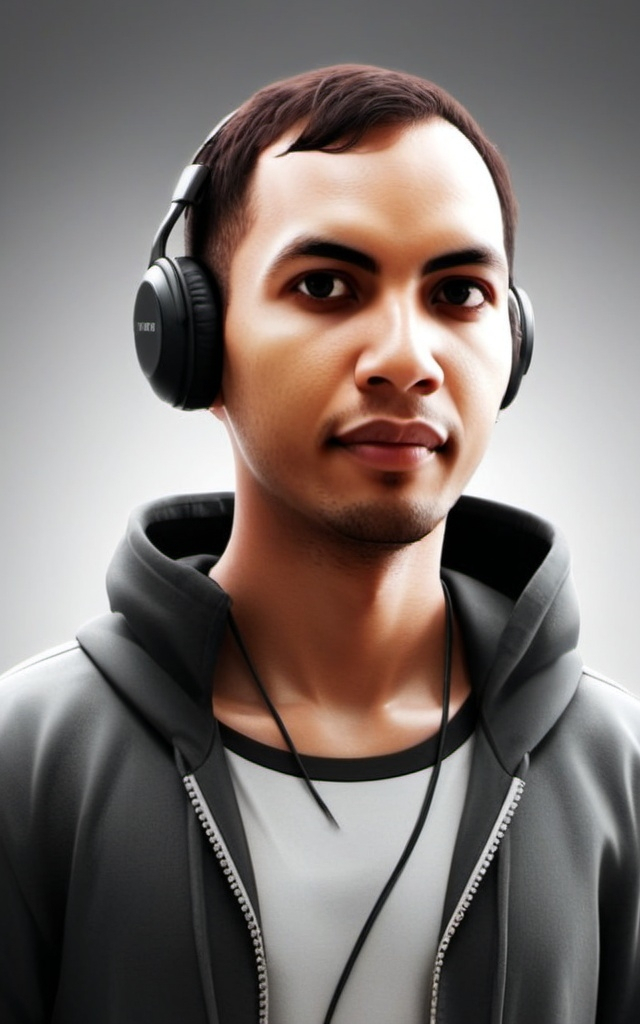 Prompt: Copper hair brown eyes man wearing black color headphones, photo, illustration, 3d rendering, anime.