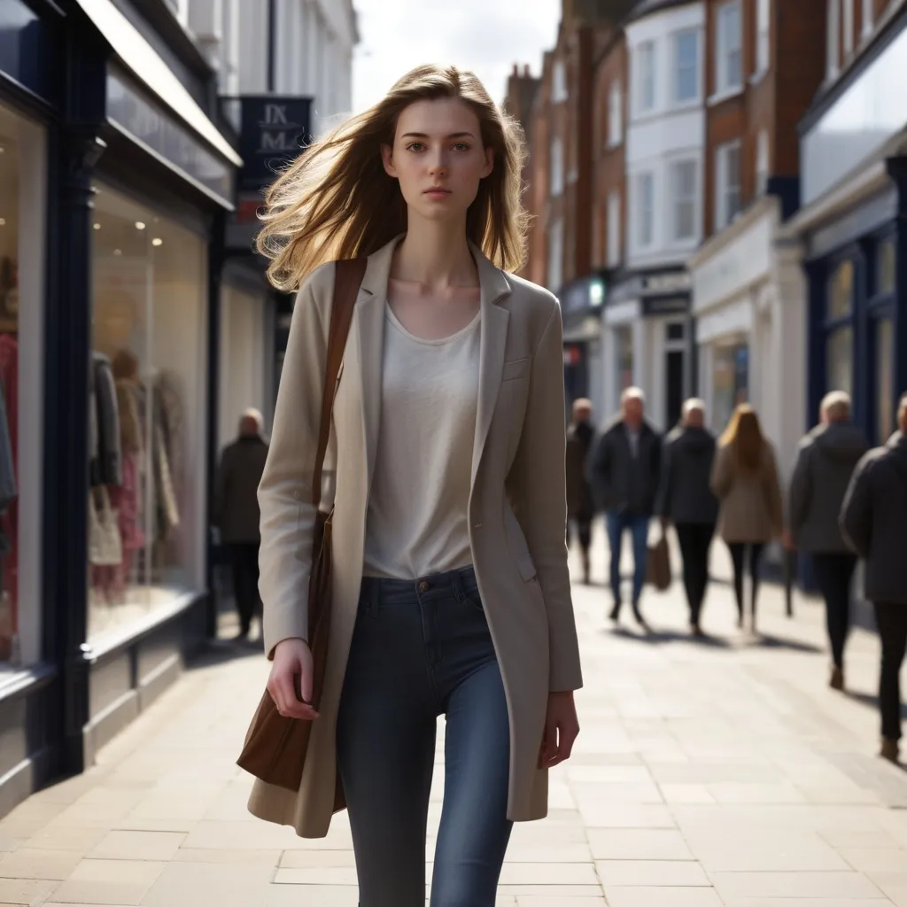 Prompt: Tall young woman walking down the high street, detailed clothing, realistic, natural lighting