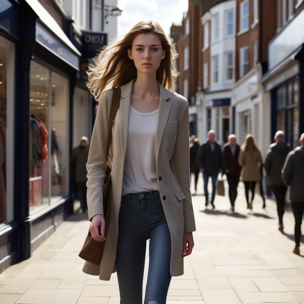 Prompt: Tall young woman walking down the high street, detailed clothing, realistic, natural lighting