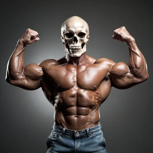 Prompt: bodybuilder skull showing off his muscles with both arms up