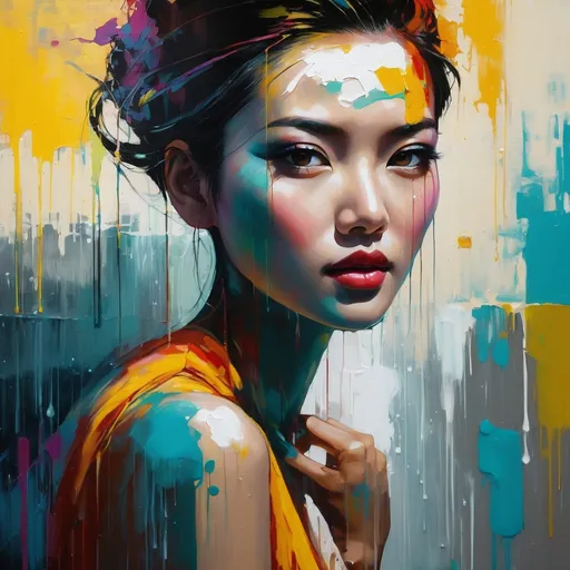 Prompt: pop art modern painting, asian woman, in her 40's, visible face, beautiful, high definition, leaking