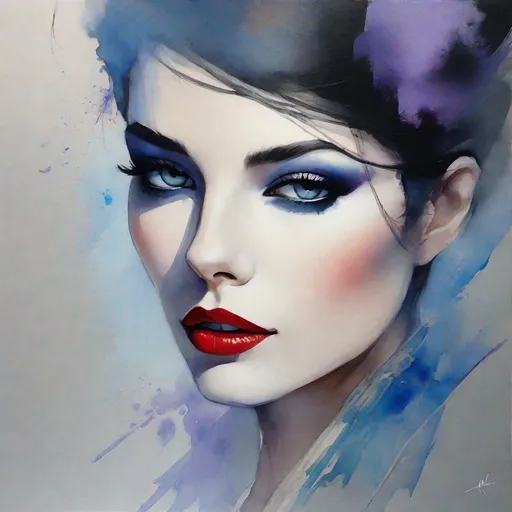 Prompt: Wide cat's eyes,  A minimalist gouache art piece fashioned in the style of Loish Anne Bachelier,  pencil & ink sketch, a very beautiful and delicate woman's face, eye-shadow , short hair, Lavender, slate, and blue, red lips, essence of bold and clean lines revealed, stark elements, refined simplicity, volumetric shadows, digital painting, UHD