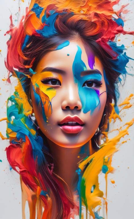 Prompt:  visible face, beautiful asian woman standing on the beach, whole body, high definition, burning city, facing camera and looking up, strong colors, dripping paint, 