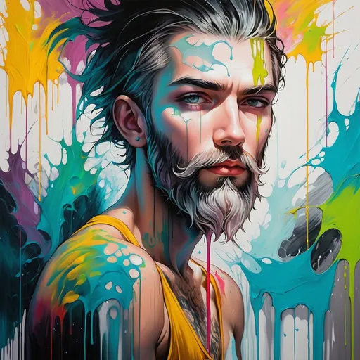 Prompt: pop art modern painting, white bearded man, in his 30's, with tattoos, visible face, beautiful, high definition, leaking paint, dark colors
