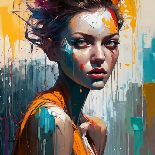 Prompt:  painting on the canvas of a woman in colorful tones, in the style of martin ansin, cracked, serene faces, perfect body, slim waist, proudly walking downstairs,  dimitry roulland, paint dripping technique, gorgeous colors, geometric



