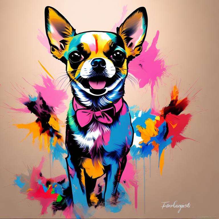 Prompt: pop art modern painting, chihuahua, visible face, beautiful, high definition, burning city