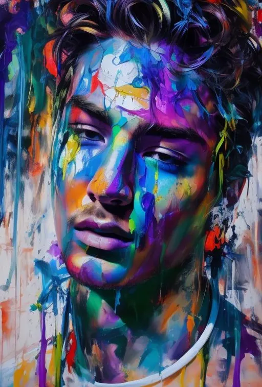 Prompt:  visible face, beautiful man, high definition, burning city, facing camera and looking up, strong colors, dripping paint, 