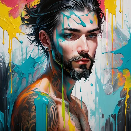 Prompt: pop art modern painting, white bearded man, in his 40's, with tattoos, visible face, beautiful, high definition, leaking paint, dark colors