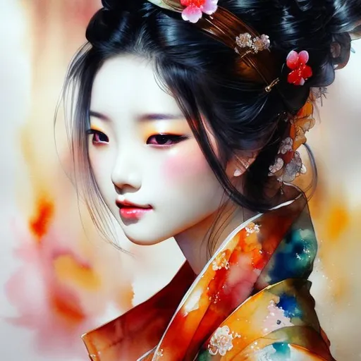 Prompt: Yoshitaka Amano, Watercolor painting, geisha, visible face, beautiful, high definition, burning city