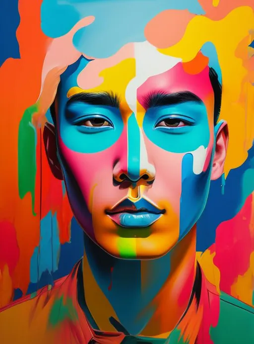 Prompt: pop art painting visible face, beautiful asian man, group of people, high definition, burning city, facing camera and looking up, strong colors, dripping paint, 