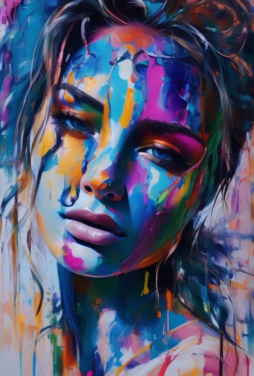 Prompt:  visible face, beautiful woman standing on the beach, whole body, high definition, burning city, facing camera and looking up, strong colors, dripping paint, 