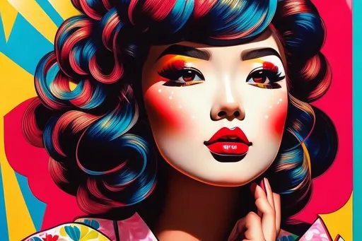 Prompt: pop art modern painting, japanese geisha, visible face, beautiful, high definition, burning city