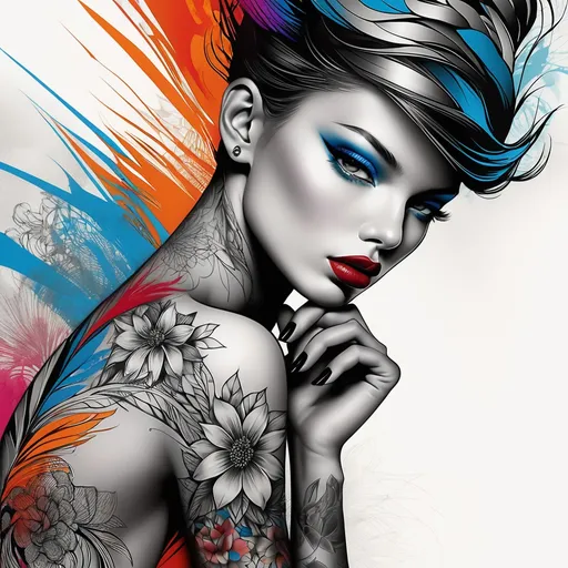 Prompt: style by Gabriel Moreno, Nick Gentry, Gyorgy Kepes: Female beauty through graphic and elegant images, delicate acrylic paint colorful lines that show beauty and hide fragility, fear, ephemeron, sensuality, and tattoo lines, coursing through the skin of the figure and revealing what its beauty hides. Abelardo Morell photography background, Mixed media, Highly detailed, intricate, beautiful, 3d, extremely detailed, stunning gorgeous, award winning, fantastic view