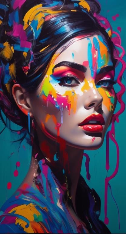 Prompt: pop art painting visible face, beautiful white  woman, high definition, burning city, facing camera and looking up, strong colors, dripping paint, 