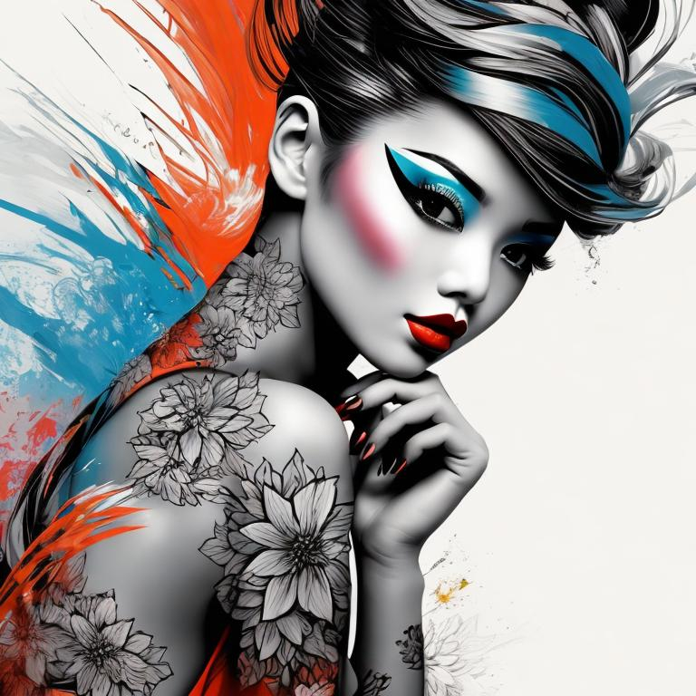 Prompt: pop art modern painting, japanese geisha, visible face, beautiful, high definition, burning city