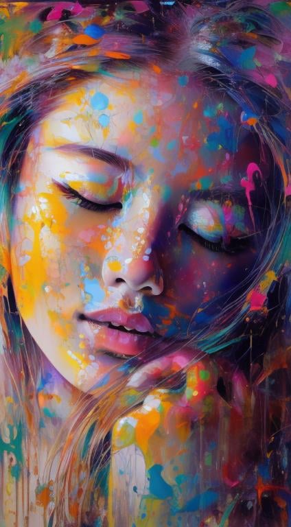Prompt: Yoshitaka Amano, pop art color painting, woman in her 20's, visible face, beautiful, high definition, burning city, facing camera and looking up, strong colors, Liechtenstein style, dripping paint, closed eyes