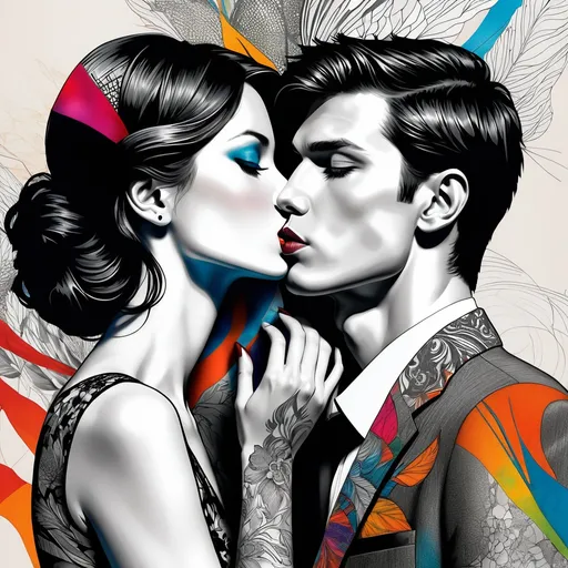 Prompt: style by Gabriel Moreno, Nick Gentry, Gyorgy Kepes: Kissing couple from the distance through graphic and elegant images, delicate acrylic paint colorful lines that show beauty and hide fragility, fear, ephemeron, sensuality, and tattoo lines, coursing through the skin of the figure and revealing what its beauty hides. Abelardo Morell photography background, Mixed media, Highly detailed, intricate, beautiful, 3d, extremely detailed, stunning gorgeous, award winning, fantastic view