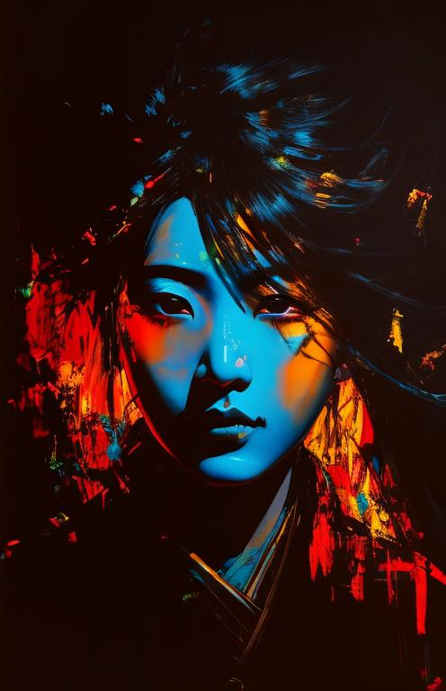 Prompt: Yoshitaka Amano, pop art modern painting, japanese samurai, visible face, beautiful, high definition, burning city