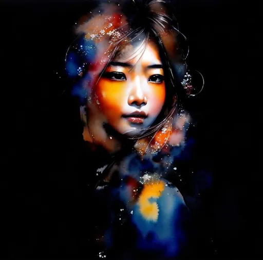 Prompt: Yoshitaka Amano, Watercolor painting, japanese woman, in her 30's, visible face, beautiful, high definition, burning city, facing camera and looking up