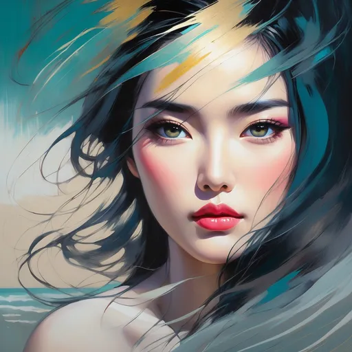 Prompt: pop art modern painting, asian woman, visible face, beautiful, high definition, beach