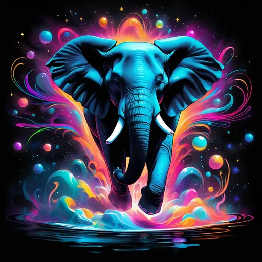 Prompt: Hypnotic hologram illustration of an open elephant floating in space, hypnotic psychedelic art by Dan Mumford,  vibrant, dribbble, quantum wavetracing, dark glow neon paint, black background, behance hd 