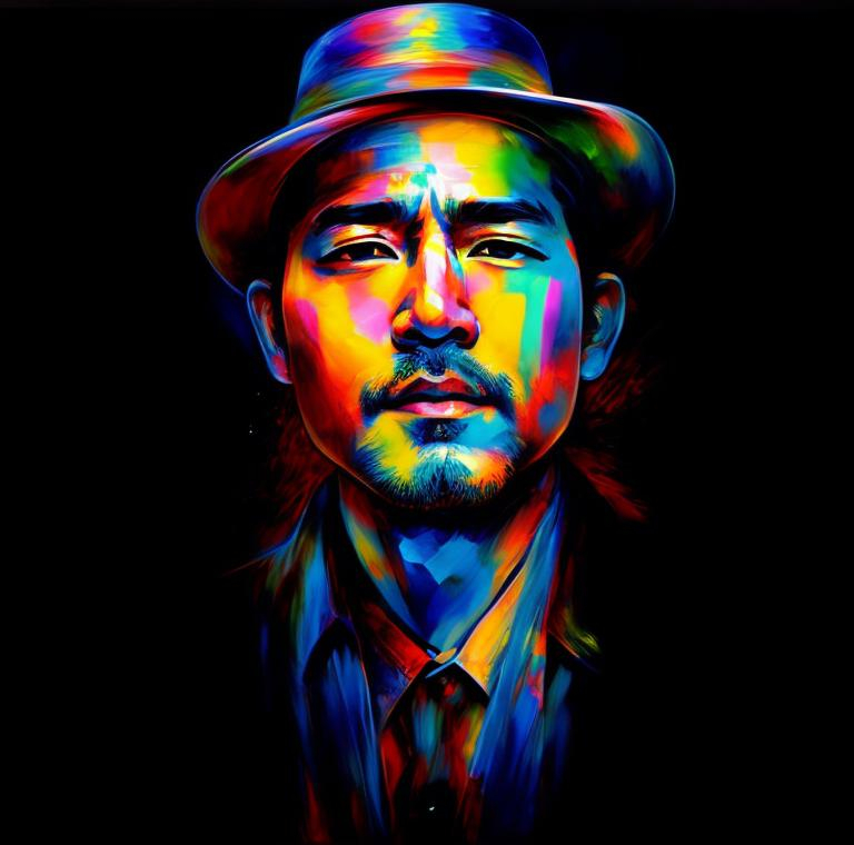 Prompt: Yoshitaka Amano, pop art color painting, cowboy with a hat in his 40's, visible face, beautiful, high definition, burning city, facing camera and looking up, strong colors, Liechtenstein style