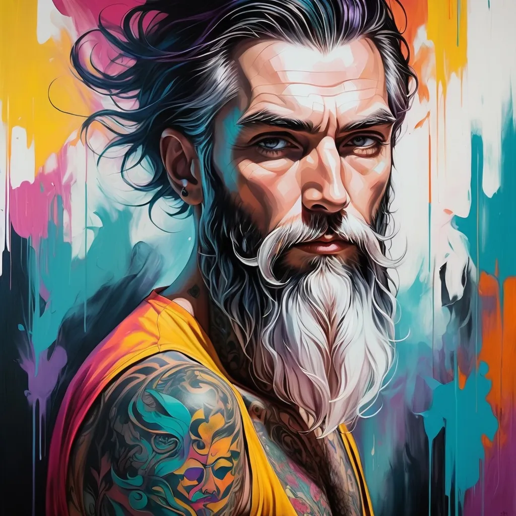 Prompt: pop art modern painting, white bearded man, in his 60's, with tattoos, visible face, beautiful, high definition, dark hair and dark colors