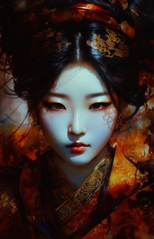 Prompt: Yoshitaka Amano, Watercolor painting, japanese samurai, visible face, beautiful, high definition, burning city