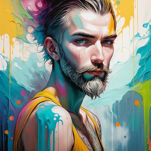 Prompt: pop art modern painting, white bearded man, in his 40's, with tattoos, visible face, beautiful, high definition, leaking