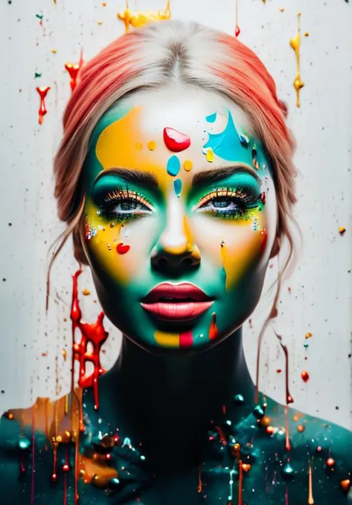 Prompt: realistic photo of beautiful woman's face in dart studio with red direct light, high definition, metalic screws on her face, facing camera and looking up, bright colours, dripping paint, 