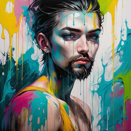Prompt: pop art modern painting, white bearded man, in his 30's, with tattoos, visible face, beautiful, high definition, leaking paint, dark colors
