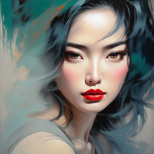 Prompt: pop art modern painting, asian woman, in her 40's, visible face, beautiful, high definition, fire