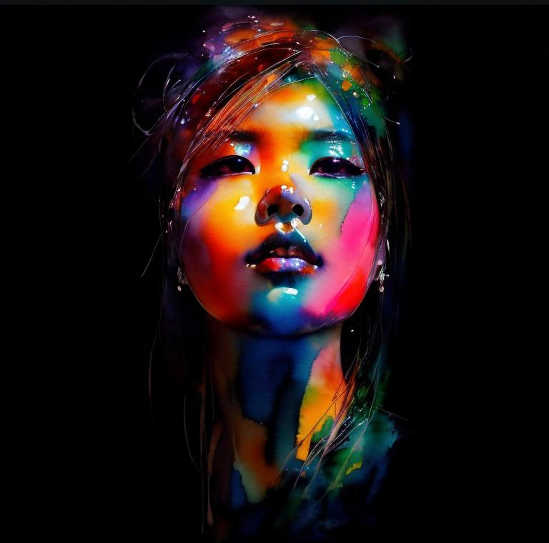 Prompt: Yoshitaka Amano, Watercolor painting, japanese woman, in her 30's, visible face, beautiful, high definition, burning city, facing camera and looking up