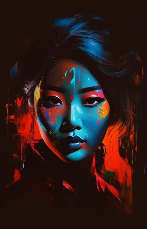 Prompt: pop art painting visible face, beautiful asian woman, high definition, burning city, facing camera and looking up, strong colors, dripping paint, 