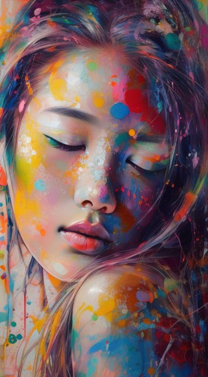 Prompt: Yoshitaka Amano, pop art color painting, woman in her 20's, visible face, beautiful, high definition, burning city, facing camera and looking up, strong colors, Liechtenstein style, dripping paint, closed eyes