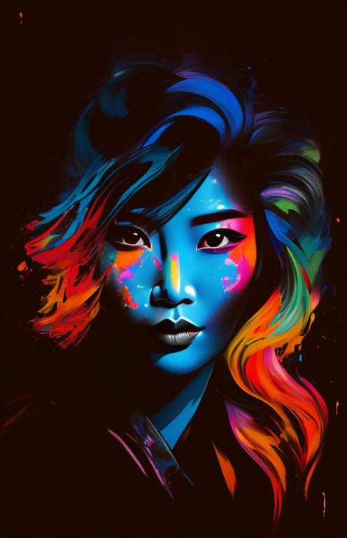 Prompt: pop art painting visible face, beautiful asian couple, two people, high definition, burning city, facing camera and looking up, strong colors, dripping paint, 