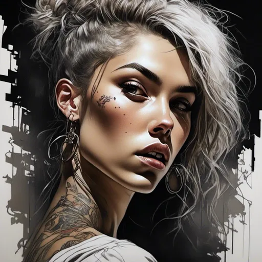 Prompt: <mymodel> ((best quality)), ((masterpiece)), ((realistic)), (detailed) illustration, hip-hop white tattooed woman ,chiaroscuro, perfect composition , masterpiece, hyperrealism, delicate detailed complex, highly detailed, intricate detailed, volumetric lighting, light reflection, highly detailed concept art, trending on artstation, vivid colors, melancholic, dim lights, 8k uhd, realistic,