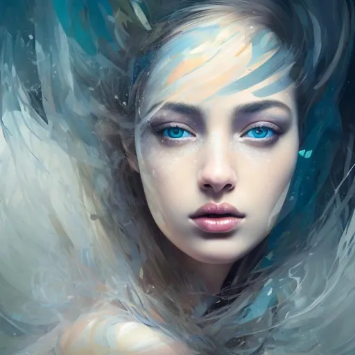 Prompt: A portrait painting captures the mesmerizing essence of a beautiful woman, portraying her with artistic finesse. The artwork presents an abstract illustration of a stunning girl, inviting contemplation and interpretation. This conceptual close-up encapsulates the captivating allure of the subject, leaving room for personal reflection and artistic appreciation. 8k photo resolution with blue eyes and colourful hair