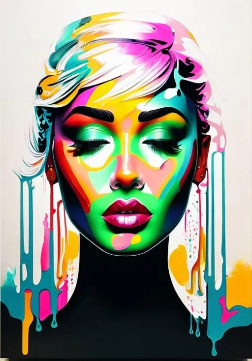 Prompt: pop art painting beautiful woman's face, high definition, facing camera and looking up, strong colors, dripping paint, 